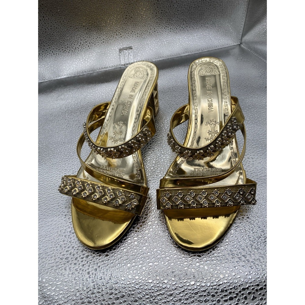 Gold Rhinestone Strappy Block Heel Slip-On Synthetic Women's‎ Sandals Size 40
